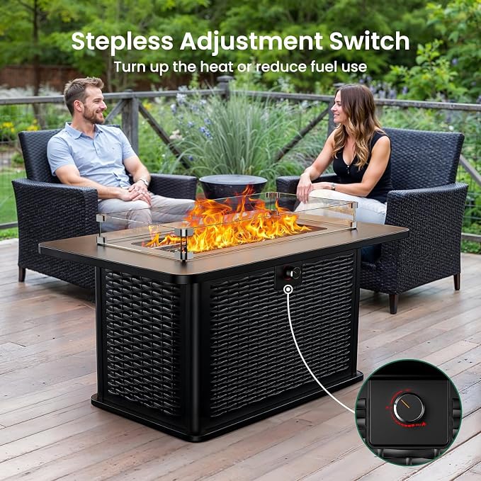 Ciays 43-Inch Rectangular Propane Fire Pit – 60,000 BTU Output, Premium Gas Fire Pit Table for Outside Patio, 304 Stainless Steel H-Burner, Glass Stones & Wind Guard, Black Finish