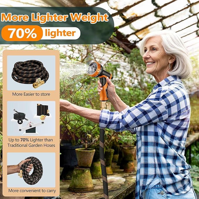 Flexible Garden Hose 25 FT, Ultra Lightweight Water Hoses w/10 Function Sprayer and 3/4" Brass Fittings, Kink-Free, Sturdy, Abrasion Resistant for Yard, Lawn, Outdoor and Gardening(Black Orange)