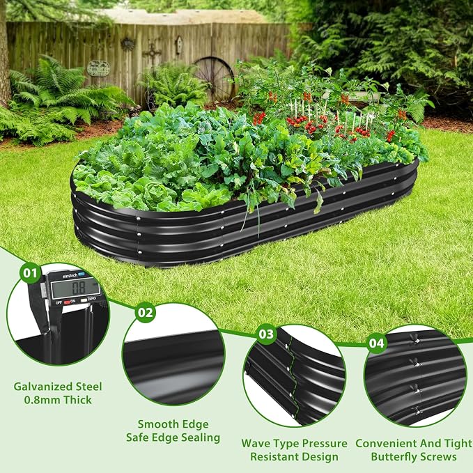TBMLC Oval Galvanized Planter Box, Metal Raised Garden Bed - 0.8MM Thick- Ideal for Outdoor Gardening and Planting of Vegetables Flowers Fruits Succulent Plants and Others (Black, 6X3X1 FT)