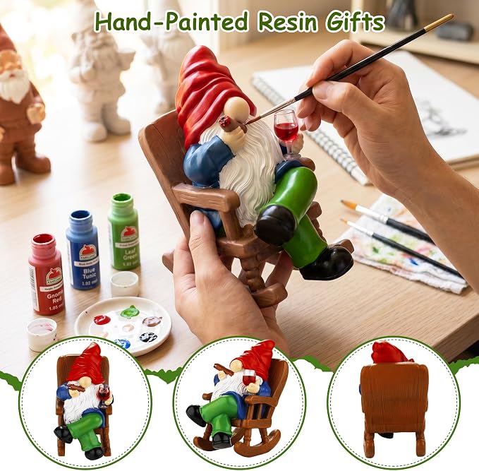 Funny Garden Gnomes for Outdoor, 7 Inch Gnomes Decorations for Yard with Rocking Chair & Wine Glass, Gnome Garden Decor for Home Patio Lawn, Gnomes Gifts for Women Spring Summer Christmas Halloween