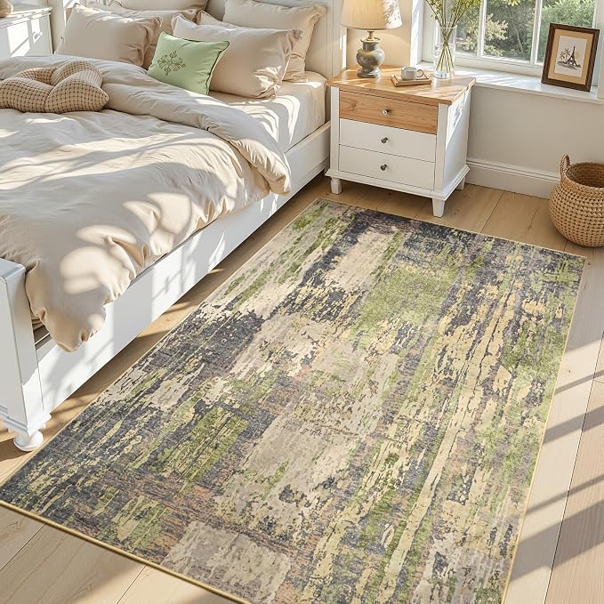 Toneed 4x6 Washable Non Slip Abstract Area Rugs for Bedroom Living Room | Soft Modern Low Pile Rug for Kitchen Hallway Office,Indoor Carpet for Kids Nursery Home Decor, Green