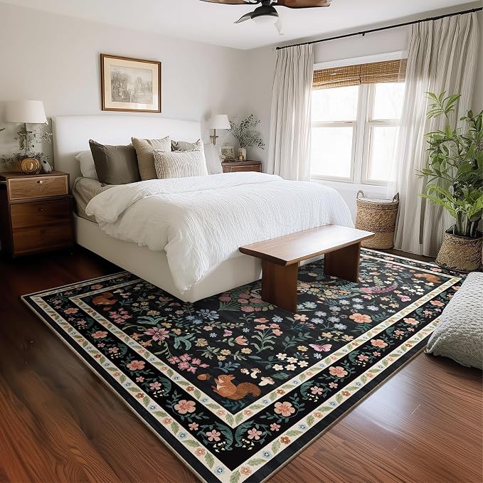 Area Rug Vintage Floral Deer Pattern 6x9 - Bohemian Forest Animal Carpet with Squirrel & Butterfly, Soft Decorative Area Rug for Living Room Bedroom Home Decor