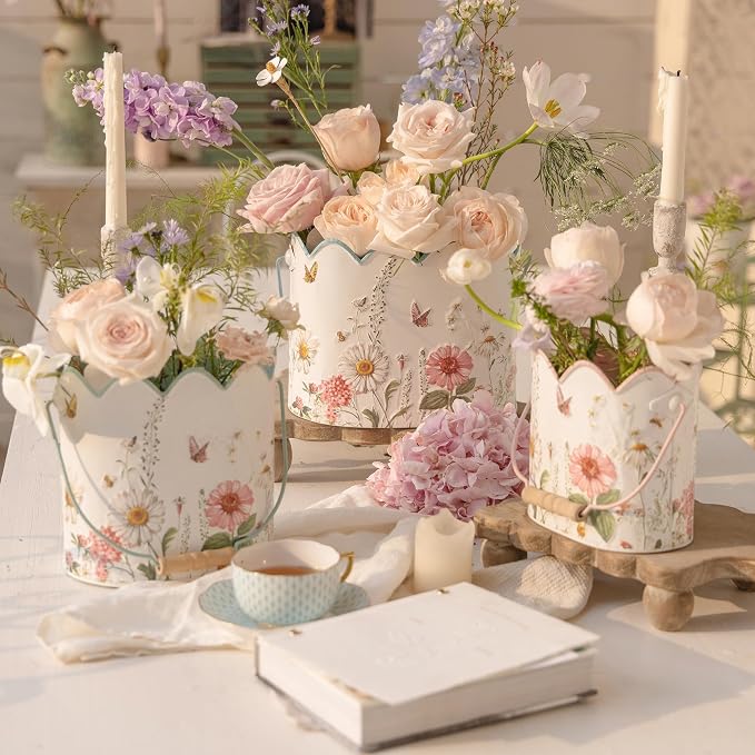 Set of 3 Vintage Floral Metal Planters Rustic Flower Pots with Wooden Handle, Farmhouse Decorative Floral Buckets for Dried Flowers, Faux Plants, Home Garden Decor