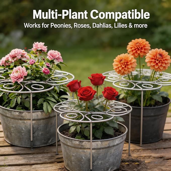 Plant Support Ring for Most Plants – Heavy Duty Metal Cage for Flowers, Vegetables, Tomatoes, Peonies, Roses – Garden Stake for Indoor/Outdoor Pots – No Tools Needed (S)