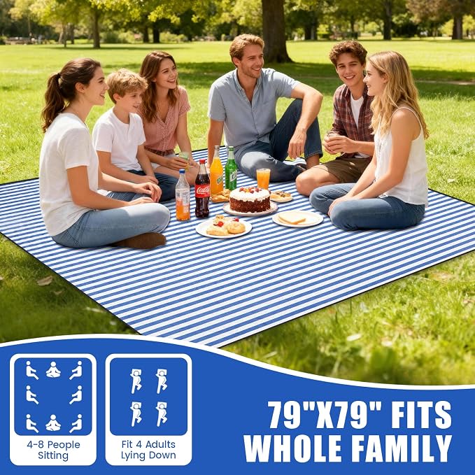 G GOOD GAIN Waterproof Picnic Blanket, 79"x79" Extra Large Beach Mat for 6 to 8 Adults, Machine Washable Outdoor Blanket for Camping, Grass, Park, Camping, Concerts, MiddleBlue