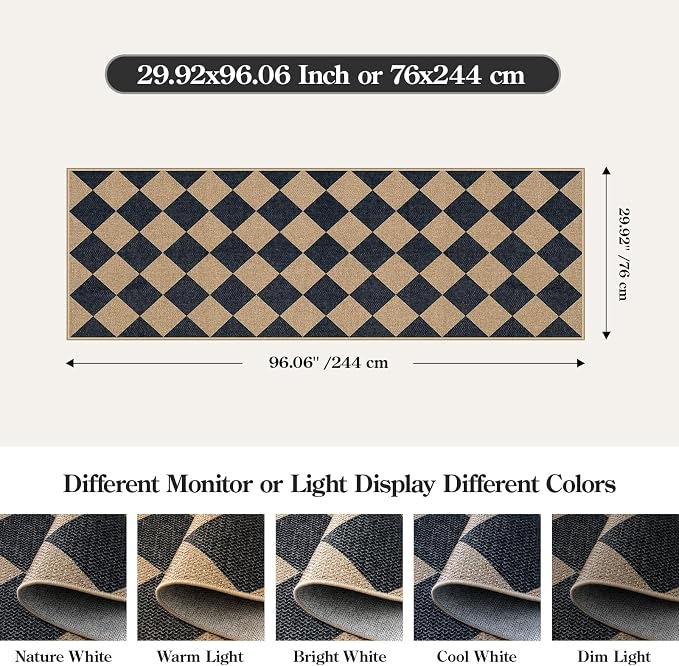 Lahome Checkered Easy Jute Non Slip Kitchen Runner, 2'6"x8' Washable Hallway Runner Rug Outdoor Black Carpet for Entryway Indoor, Checkerboard Indoor Outdoor Carpet for Hallway 8ft Entry