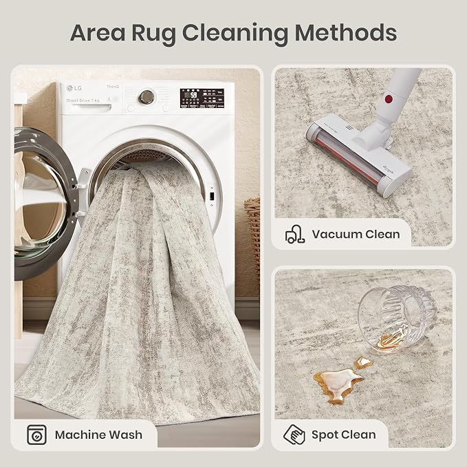 Valenrug 4x6 Area Rug for Entryway, Non Slip Washable Bedroom Rug, Beige | Soft & Lighweight, Folable, Stain Resistant Low Pile Thin Indoor Distressed Carpet Rugs for Living Room,Laundry Room,Kitchen