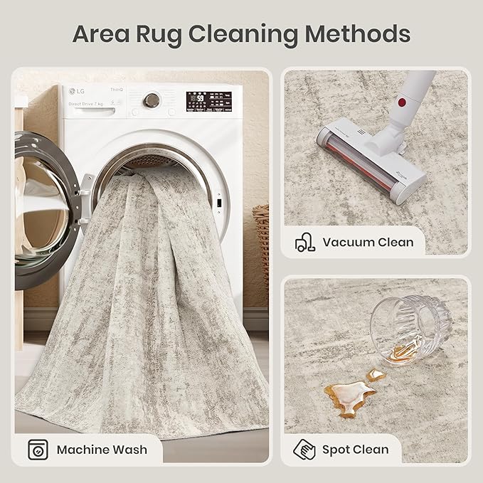 Valenrug 6x9 Area Rugs, Abstract Large Washable Rugs for Living Room, Beige | Soft & Lighweight, Folable, Stain Resistant Low Pile Thin Indoor Distressed Carpet Rugs for Bedroom,Laundry Room,Kitchen
