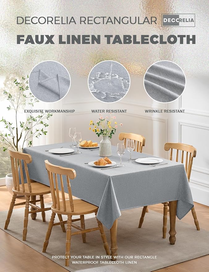 Decorelia Faux Linen Tablecloth for Dining Room, 52 x 70 Inch (4-6 Seats), Cool Grey