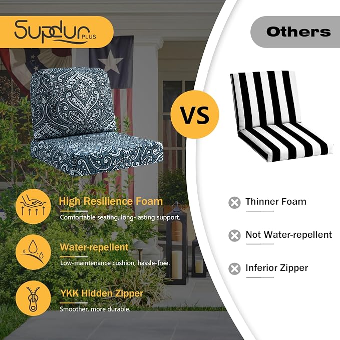 Outdoor Cushions for Patio Furniture Set of 2, 24"x24" Water Repellent Chair Cushions Removable Seat Bottom & Back Cushion Covers for Chair, Sofa, Couch, Damask Vine