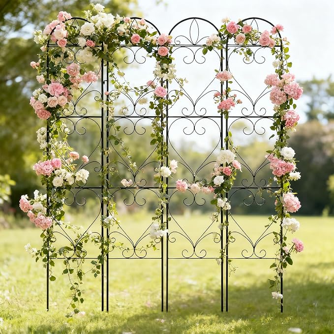 4PCS Metal Garden Trellis for Climbing Plants Outdoor, Heavy-Duty Cucumber Tomato Trellis for Raised Garden Bed, Decorative Wrought Iron Trellis Arch for Wedding Party Decor