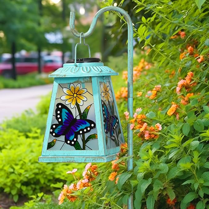 Butterfly Solar Lantern with Shepherd Hook, Outdoor Hanging Metal LED Garden Light Waterproof for Patio Yard Pathway, Butterfly Lantern Decor and Christmas Holiday Gift for Mom Grandma Women | Butterfly metal solar lantern with shepherd hook, S-hook, I...