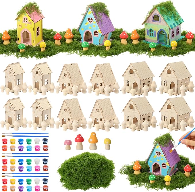 DoubleFill 12 Sets Wooden Fairy House Craft Kit for Kids - Classroom DIY Fairy Garden with Paints & Decorations - School Arts Crafts & Birthday Gift for Activity Party Decor (3 Mixed Cute Roof Styles)