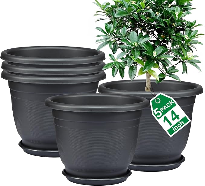 5 Packs 14 inch Flower Pots + Saucer, Planters for Indoor & Outdoor Plants with Drainage Holes | Plastic Flower Pots, Large Planter (Black, 14 inch)