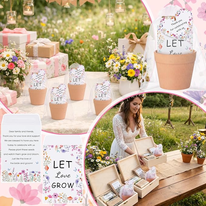 Ctosree 50 Sets Let Love Grow Wildflower Wedding Favors for Guests Include Self Adhesive Seed Packets Flowerpot Thank You Tags and Organza Gift Bags for Bridal Shower Wedding Party Favor