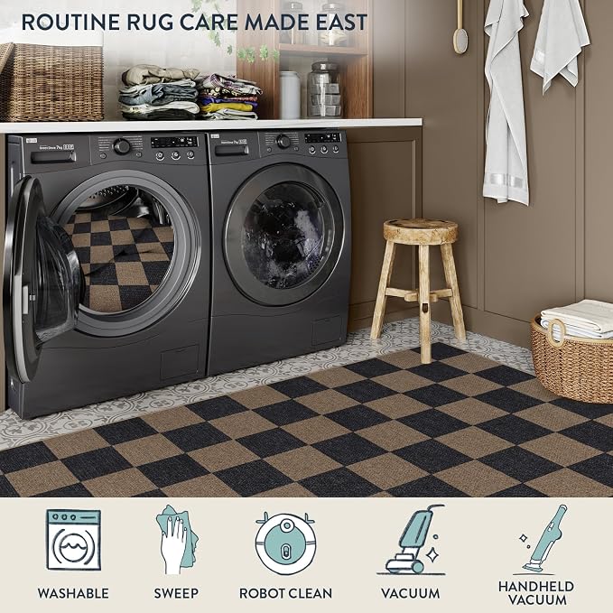Lahome Checkered Easy Jute Living Room Rugs, 5x7 Black Dining Room Office Rug Farmhouse Washable Carpet, Checkerboard Neutral Non Slip Indoor Outdoor Carpet for Bedroom Entry Patio