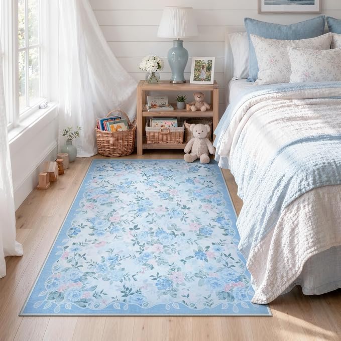 Lahome Blue Floral Bedside Rug 3x5, Low Pile Ultra-Thin Dorm Rug | Pet Friendly, Easy To Clean Non Slip Carpet For Bedside, Dorm Room, Entryway And Bedroom Decor