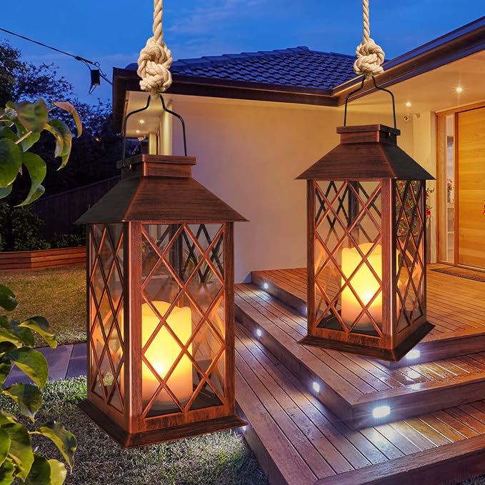 TAKE ME 14" Solar Lanterns Outdoor Garden Lantern Waterproof LED Flickering Flameless Candle Mission Lights for Table,Outdoor,Party