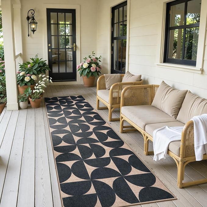 Lahome Semi Circle Easy Jute Black Runner Rug, 2x8 Washable Kithcen Runner | 8ft Non Slip Stain Resistant Non Shedding Indoor Outdoor Carpet for Entryway Hallway