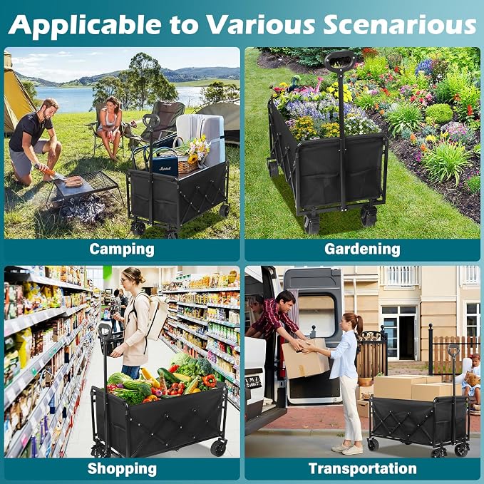 Collapsible Wagon Cart with Wheels Foldable: 500LBS Heavy Duty Folding Utility Wagon - Portable All Terrain Grocery Wagon Cart for Groceries Shopping Outdoor Camping Sports (Black-500Lbs)