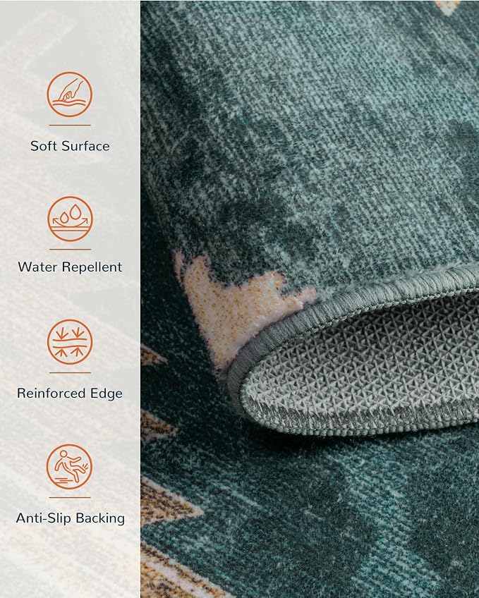 2'x10' Washable Area Rug for Living Room Runner Teal/Green | Soft Western No Slip Low Pile Print Foldable Indoor Small Rug for Kitchen entrance entryway hallway