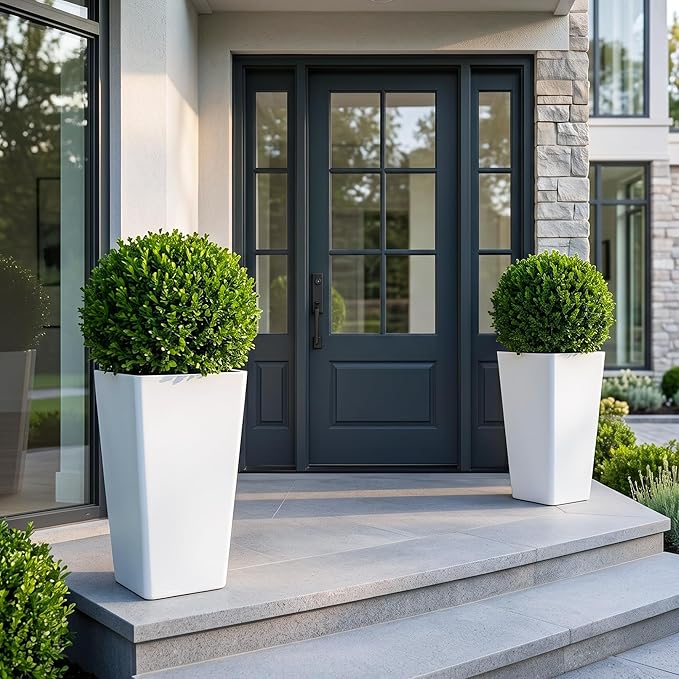 KOL Planters for Outdoor Plants, 28 Inch Tall White Flower Pots 2 Pack, Large Plastic Plant Pots with Drainage Hole and Dual-Purpose Tray, Decorative Indoor Planter for Front Porch Patio Garden