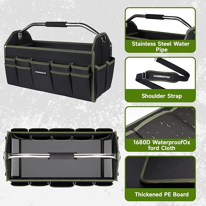 16 In Electrician Tool Bag, Foldable Bags For Men Heavy Duty, Open Top Tool Tote, 30 Pockets Can Hold Many fittings, Organizer Stainless Steel Handle and Removable Shoulder Strap
