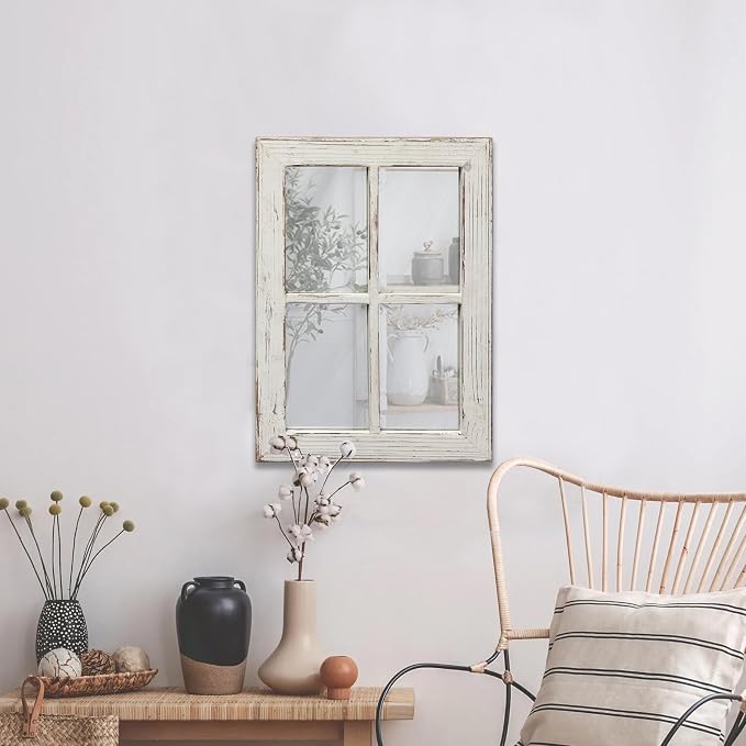 Rustic Small Window Pane Mirror Wall Decor 11 x 16 inches | Distressed White, Hanging Rectangle Wood Frame Farmhouse Mirror, Handmade Decorative Window Mirrors for Living Room Christmas