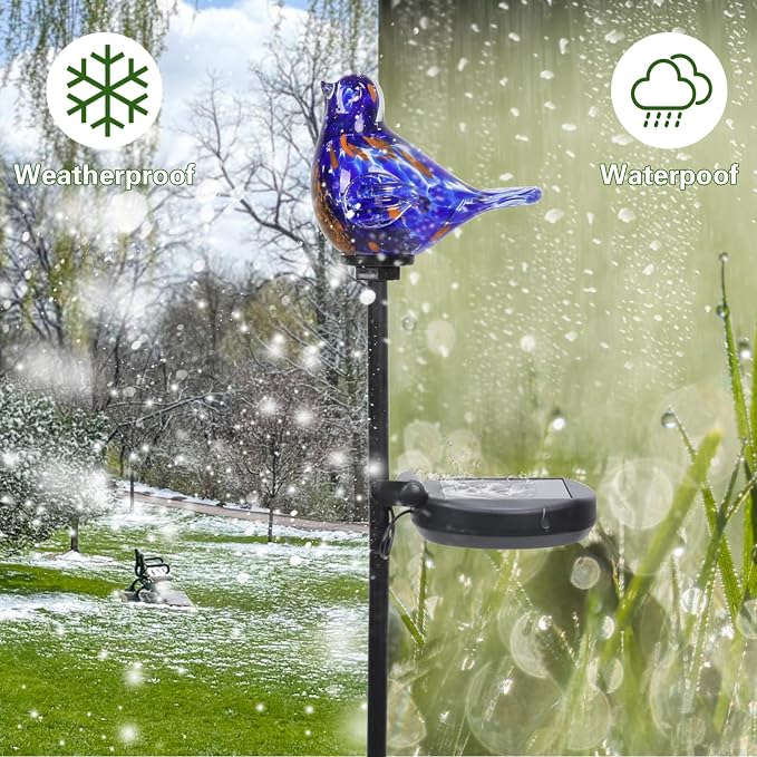 Afirst Decorative Solar Lights Outdoor Solar Bluebird Stake Lights Hand Blown Glass Decorative Garden Pathway Lights Outdoor Waterproof Glass Stakes Dark Blue