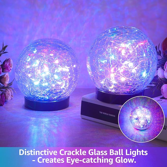 ASOMST 2-Pack Garden Solar Lights Outdoor, Colored Cracked Glass Ball Light Waterproof, Decorative Solar Powered Globe Lighting Multicolor for Yard
