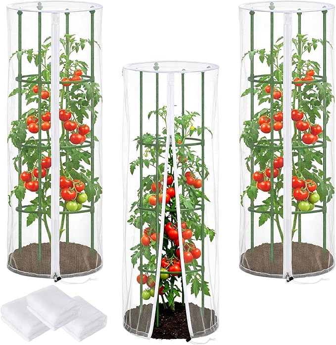 3 Pcs Garden Tomato Plant Cover Netting, Fits 15" x 55" Tall Round Tomato Cage, with Zipper & Drawstring, Garden Bird Netting for Vertical Climbing Vegetables and Fruits (No cage)
