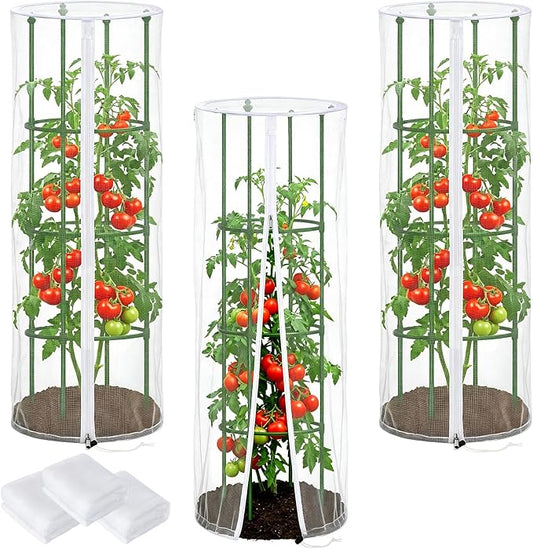 3 Pcs Garden Tomato Plant Cover Netting, Fits 15" x 55" Tall Round Tomato Cage, with Zipper & Drawstring, Garden Bird Netting for Vertical Climbing Vegetables and Fruits (No cage)