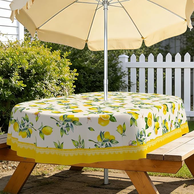 Lemon Outdoor Oval Tablecloth with Umbrella Hole 60" x 120" Waterproof Zipper Table Cloth for Garden - Ideal Patio Table Cover for Picnics, Camping, and Yard Use
