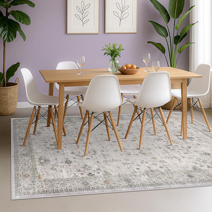 Light Gray & Sage Living Room Rug 8x10 - Washable Boho Low Pile Large Area Rug for Dining Room, Bedroom Carpet, Distressed Vintage Floral Design, Low Pile Stain Resistant