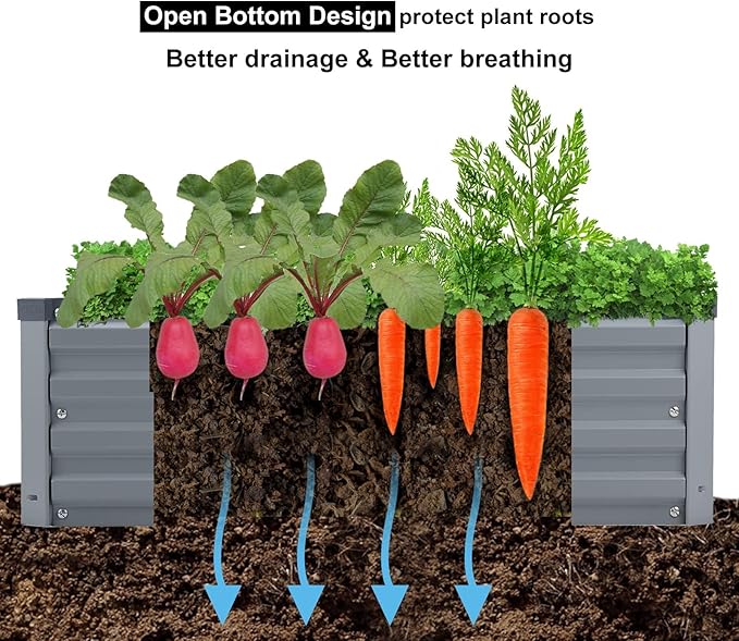 Meberam 2 Pack 6x3x1FT Galvanized Raised Garden Bed Kit, Outdoor Metal Planter Box for Vegetables, Bottomless Rectangular Gardening Bed with Support Rods, Tool-Free Assembly, Gray
