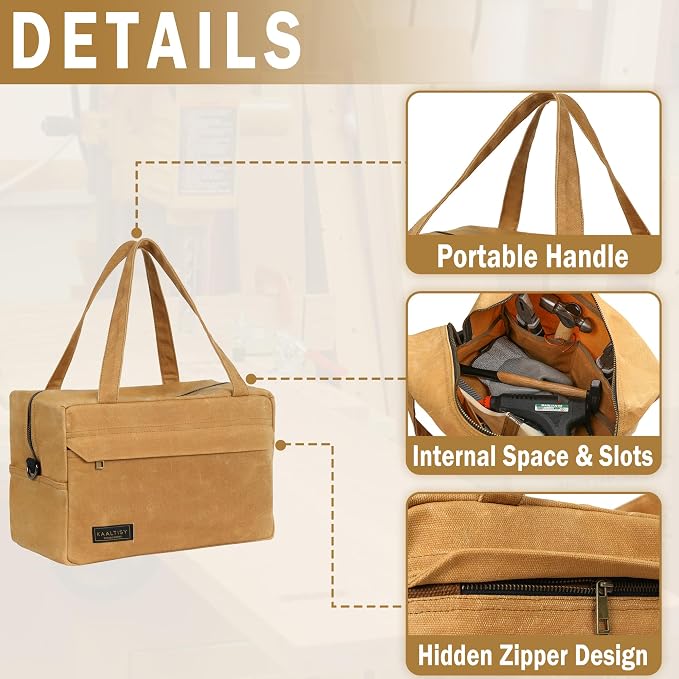 Canvas Tool Organizer, Heavy Duty 16oz Waxed Canvas Garden Hand Tools Bag - with Hidden Zipper Pocket & Large Storage Capacity, Tool Carrier for Gardening Carpentry Tools | 11.5" x 7" x 7.5"