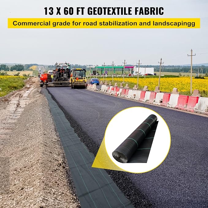 Happybuy Driveway Fabric, 13x60ft Commercial Grade Landscape Fabric, Garden Weed Barrier Fabric Heavy Duty, Geotextile Fabric Underlayment Gravel, Ground Cover Drainage Fabric, Weed Mat Cloth | Soil-Friendly and Highly Permeable,Smooth and Precise Edges