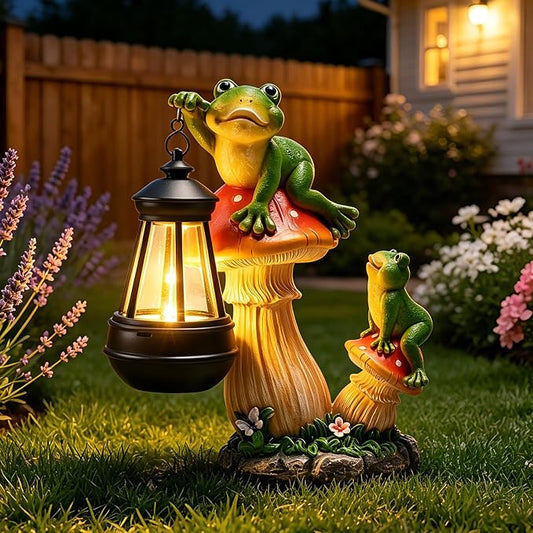 Garden Frogs Statue, Large Funny Frogs Figurine Climbing on Mushroom and Holding a Solar LED Lantern Resin Ornament for Patio Yard Lawn Porch Outdoor Decor, Women/Gardening Decoration Gifts