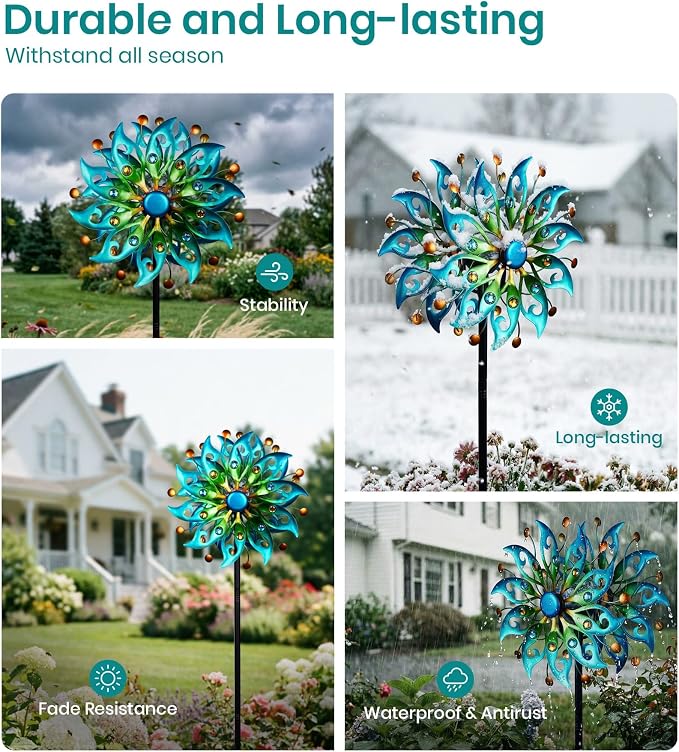 Solar Wind Spinners Outdoor, Yard Decorations Outdoor, Peacock Decor | Hand-Crafted Art,Weather-Resistant,Heavy-Duty,Whisper-Quiet Dual-Bearing,Auto-Glow Solar Crackle Ball,Stable 5-Prong Stake