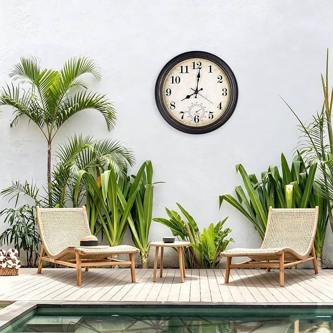 Outdoor Clock Waterproof with Thermometer Wall Clock for Patio Pool Bathroom Kitchen 16 Inch Bronze