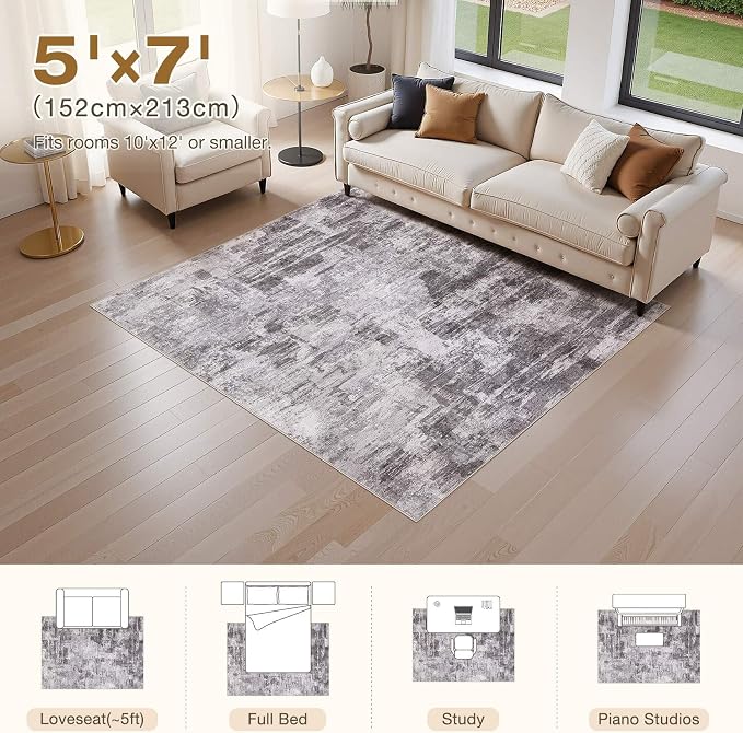 kakania Abstract 5x7 Area Rugs for Living Room: Washable Rugs Grey | Soft, Non-Slip, Low-Pile, Pet & Kid Friendly - Modern Home Decor Carpet for Bedroom/Dining Room/Office/Nursery