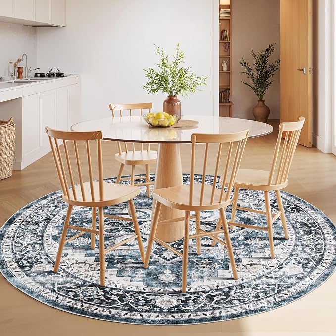 AMADA HOMEFURNISHING Round 5ft Area Rugs, Low-Profile Washable Rug with Non-Slip Backing & Durable Edge Binding, Vintage Rugs for Living Room, Bedroom, Dinning Room