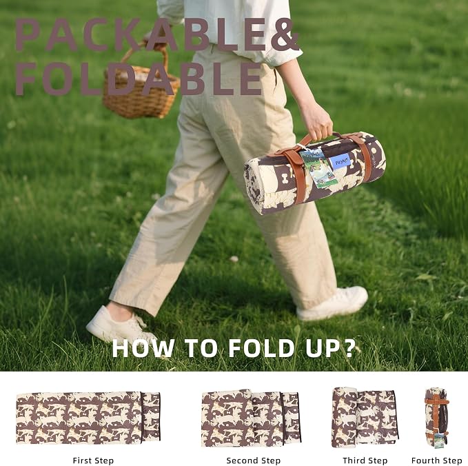 Double Thickened Picnic Blanket, 80x80 Inches, White Fish Pattern, Cotton Filled, Portable Foldable with Leather Carry Strap, Beach and Camping