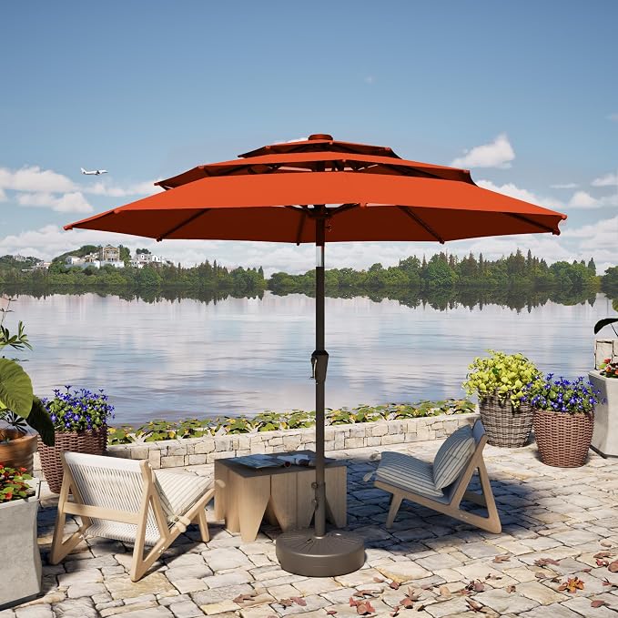 PatioKingdom 9ft 3-Tier Patio Market Umbrella with Crank/Tilt, Commercial Heavy Duty Wind Proof,Outdoor Table Umbrella with 8 Fiberglass Ribs,UPF50+ for Deck,Pool,Garden,Backyard (Orange)