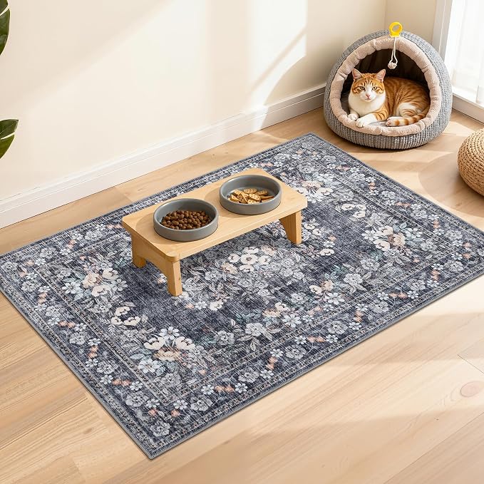 GarveeHome Washable 2x3 Vintage Rug for Hallway Floral Accent Mat | Boho Botanical Small Accent Mats Non-Slip Low Pile Bordered Kitchen Floor Carpets Flower Area Rugs for Bathroom Porch Blue