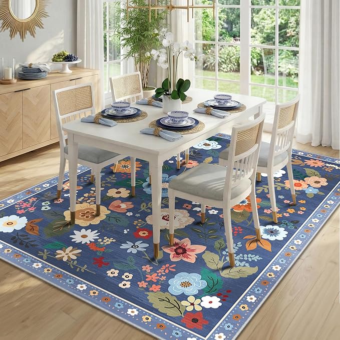 RELEANY Floral Washable 5x8 Area Rugs Blue/Grey | Flower Carpet, Print, Boho, Non-Slip, Easy to Clean, Soft, Low Pile for Living Room Bedroom Kitchen Office Entryway Hallway