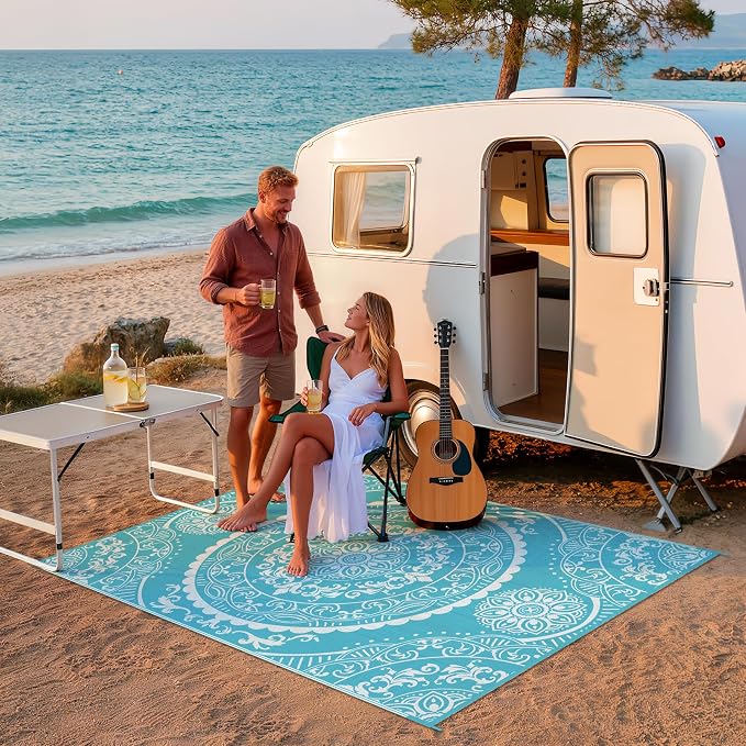 Pauwer Waterproof Outdoor Rug 6x9, Reversible Plastic Straw Patio Camping Rug, Indoor Outdoor RV Mat Carpet for Deck, Camper, Porch, Balcony, Backyard, Picnic, Paisley Teal