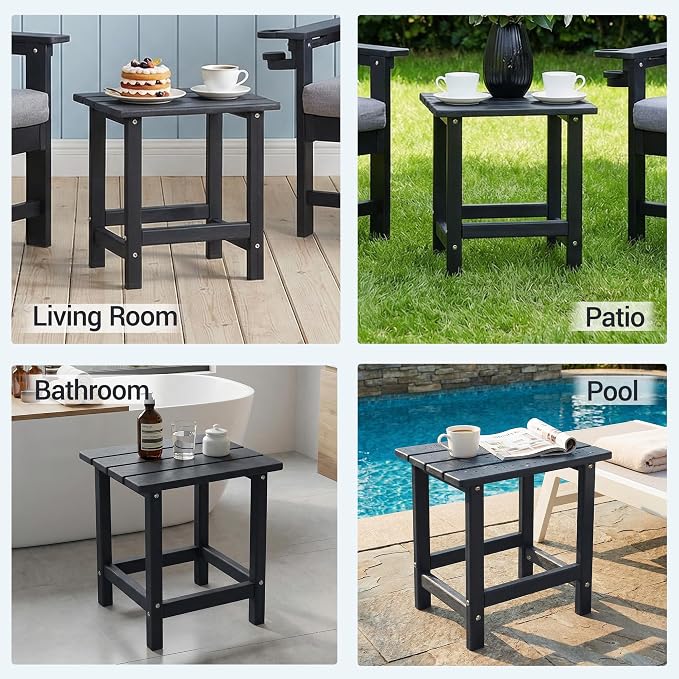 Outdoor Side Table Set of 2, HDPE Small Outdoor Table, Adirondack Side Table, Outside End Table for Patio, Porch, Deck, Pool, Indoor or Outside Use, Black