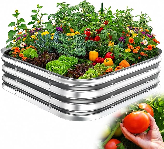 Square Galvanized Raised Garden Bed 3x3 ft – Easy Home Gardening Planter Box for Vegetables & Flowers,Herbs – 12" Heavy Duty Outdoor Gardening Bed with Easy Assembly (Silver)