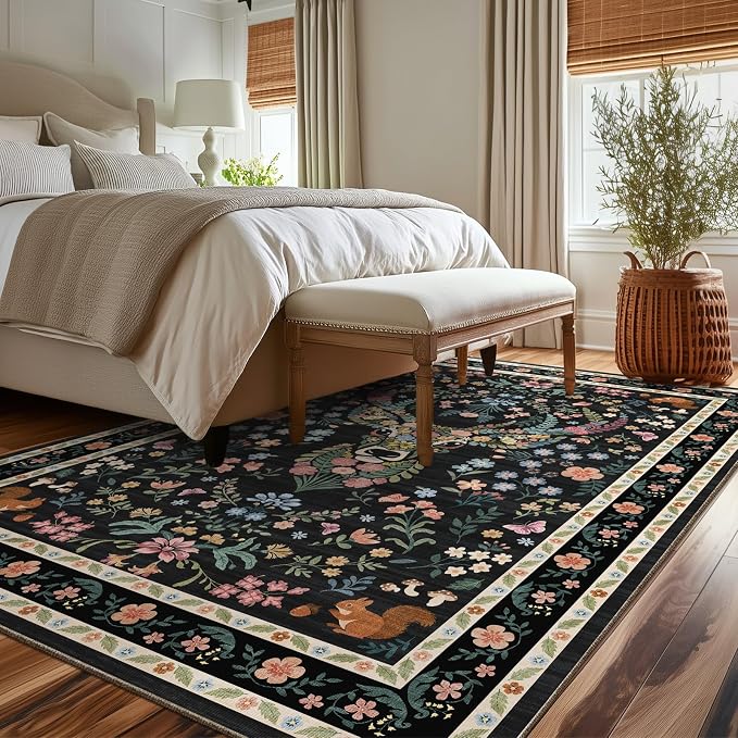 Area Rug Vintage Floral Deer Pattern 5x7 - Bohemian Forest Animal Carpet with Squirrel & Butterfly, Soft Decorative Area Rug for Living Room Bedroom Home Decor